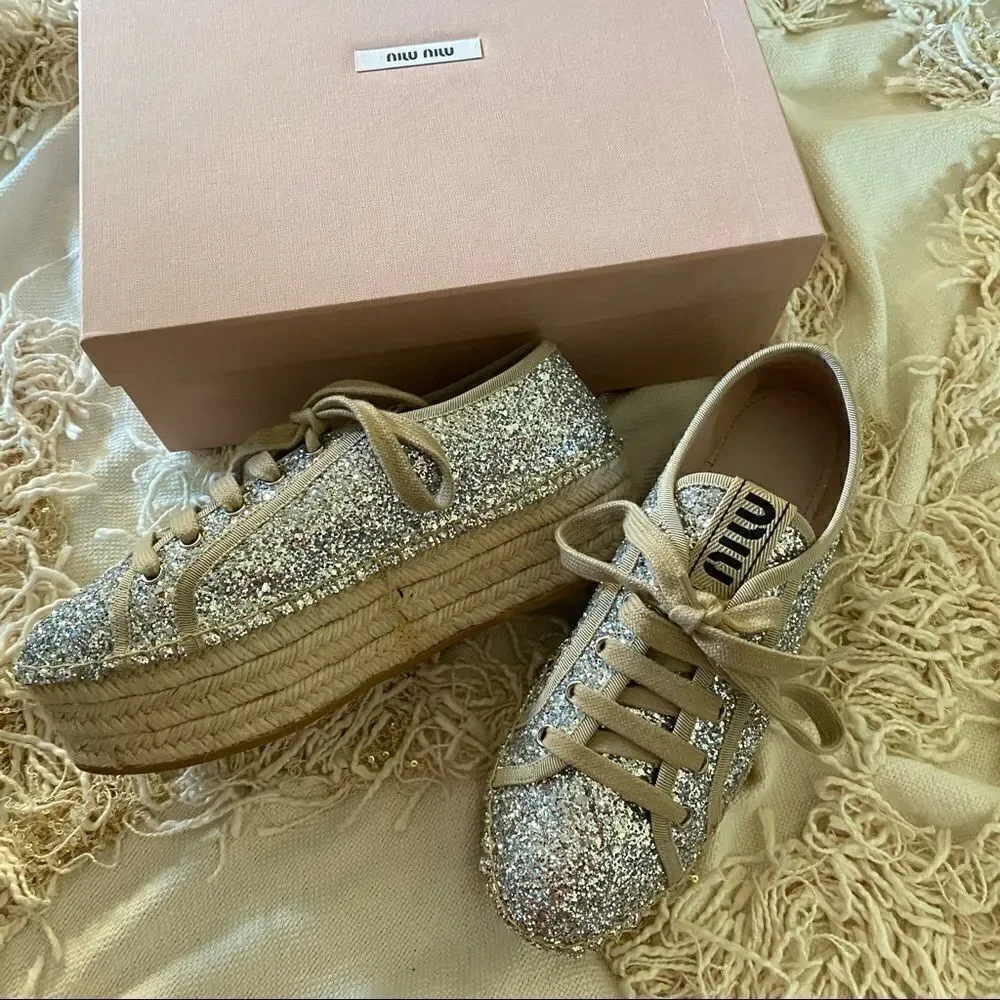 MIU MIU Logo Lace Up Platform Espadrille Sneakers